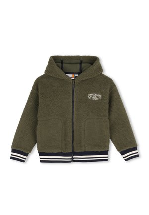 Veste polaire à capuche vert olive avec fermeture éclair intégrale à l'avant, deux poches avant et poignets et ourlet rayés noir et blanc.