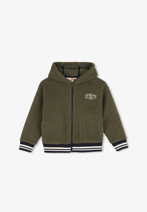 Veste polaire à capuche vert olive avec fermeture éclair intégrale à l'avant, deux poches avant et poignets et ourlet rayés noir et blanc.