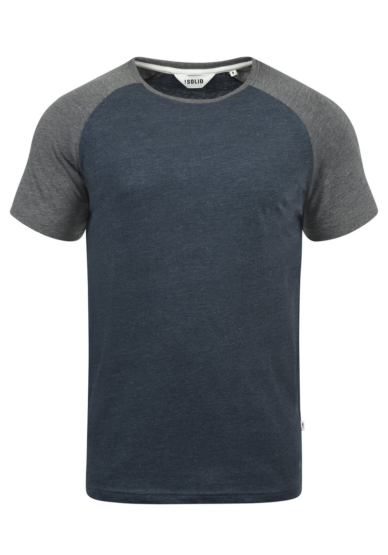 Short-sleeve T-shirt with a dark navy body and gray raglan sleeves. Made of soft fabric, it features a crew neck and a straight hem.