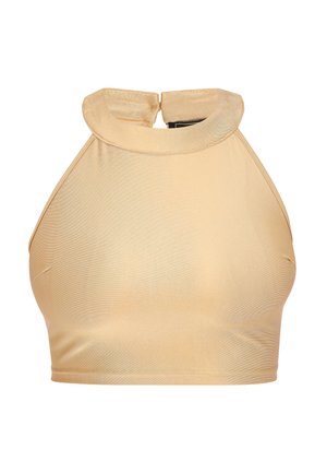Beige ærmeløs crop top med høj halsudskæring og tryklås bagpå, lavet af glat, let skinnende stof.