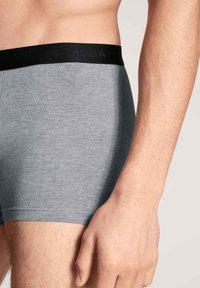 Grijze boxershorts van gladde stof met een zwarte elastieke tailleband met reliëfbranding. Zijaanzicht toont een strakke pasvorm.