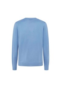Hellblauer langärmeliger Pullover mit Rundhalsausschnitt, aus einem weichen, strukturierten Stoff gefertigt. Verfügt über einen geraden Schnitt sowie gerippte Bündchen und Saum.