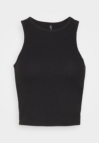 Débardeur noir côtelé avec un col rond et un design sans manches. Texture lisse et coupe ajustée pour une silhouette épurée.