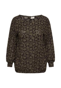 Dunkelbraune Bluse mit einem blätterartigen olivgrünen Muster, weichem Stoff, rundem Ausschnitt und Ballonärmeln mit elastischen Bündchen.
