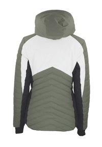 Veste à capuche avec un design matelassé en vert olive, blanc et noir. Présente des coutures en chevron, des manches longues et une texture lisse.