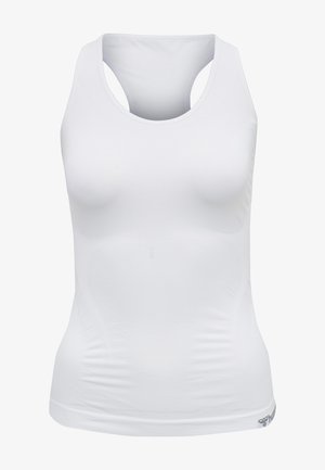 Biała sportowa koszulka na ramiączkach z wysokim dekoltem i dużymi wycięciami na ramiona. Wykonana z gładkiego materiału o dopasowanym kroju, z mniejszym logo na dolnym brzegu.