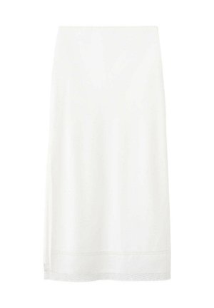 Falda blanca de largo medio con corte recto y detalle sutil de encaje en el dobladillo, mostrada sobre un fondo liso.