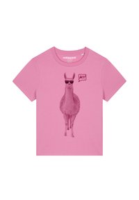 Roze katoenen t-shirt met een lama-afbeelding die een zonnebril draagt, met een tekstballon waarin "HI!" staat in een donkerdere tint roze.