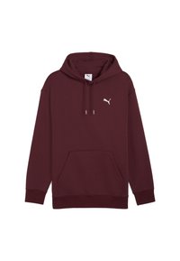 Bordový pulover s kapucňou, prednou klokankou, šnúrkou na kapucni, rebrovanými manžetami a malým bielym logom Puma na ľavej hrudi.