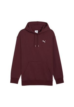 Bordeaux pullover hoodie med frontlomme, snoretræk i hætten, ribbede manchetter og lille hvid Puma-logo på venstre bryst.
