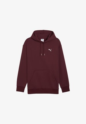 Burgundowy kardigan z kapturem, przednia kieszeń typu kangur, sznurek w kapturze, ściągacze na rękawach oraz małe białe logo Puma na lewej piersi.