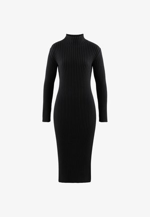 Black ribbed knit dress with a high neck and long sleeves, featuring a fitted silhouette that extends to knee length.