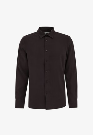 Crna košulja dugih rukava s gumbima, izrađena od glatkog tkanja, s kragnom, prednjim otvorom i standardnim manžetama. Nema vidljivih uzoraka ili dizajna.