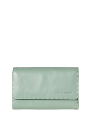 Mint green leather wallet with a smooth finish, rectangular shape, fold-over flap, and subtle embossed brand name on the front.