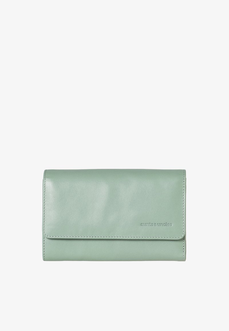 Mint green leather wallet with a smooth finish, rectangular shape, fold-over flap, and subtle embossed brand name on the front.