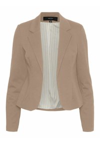 Lichtbruine blazer met een getailleerd ontwerp, met notched revers en lange mouwen. Het interieur heeft een lichtblauwe voering met dunne verticale strepen.