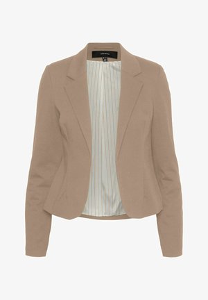 Blazer marron clair au design ajusté, avec des revers crantés et des manches longues. L'intérieur présente une doublure bleu clair avec de fines rayures verticales.