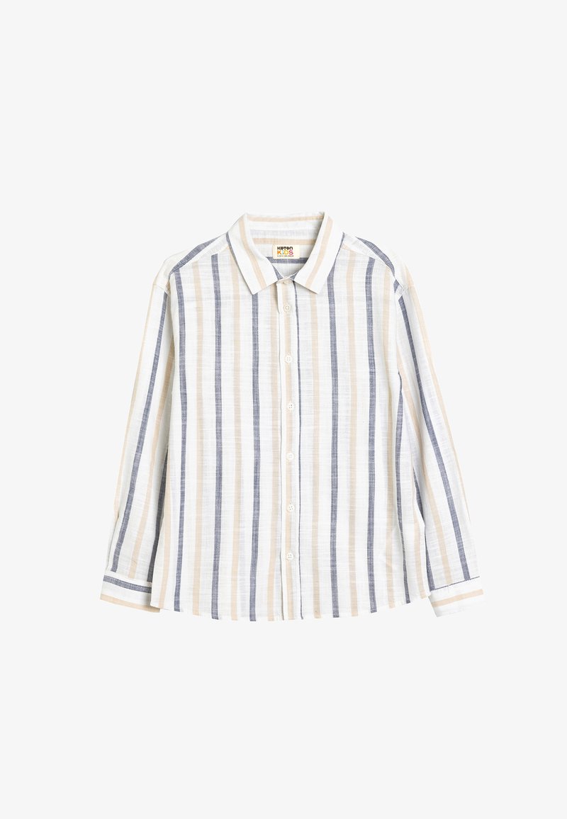 Maglietta a righe con maniche lunghe, tessuto leggero; presenta righe verticali in beige, blu navy e bianco; colletto semplice, chiusura con bottoni.