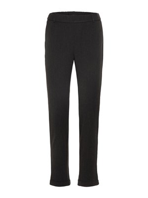 Sorte, stretchy bukser i stof med en glat tekstur, elastisk talje og oprullede manchetter. Designet er slim fit, skræddersyet til komfort.