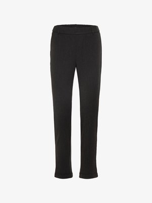 Sorte, stretchy bukser i stof med en glat tekstur, elastisk talje og oprullede manchetter. Designet er slim fit, skræddersyet til komfort.