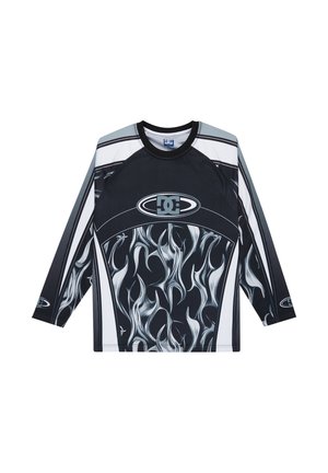 Czarna koszula z długim rękawem z motywem płomieni w odcieniach szarości i bieli. Kultowe logo na środku. Tkanina wydaje się mieć teksturę, dopasowany sportowy krój.