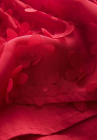 Roter Stoff mit geschichteten, flachen Blumenapplikationen. Die Textur wirkt glatt mit einem leichten Glanz. Die Blumen sind pink mit subtilen Details in der Mitte.