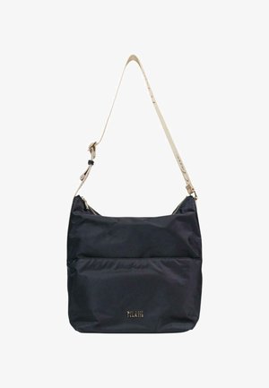Sac d'épaule rectangulaire noir avec bandoulière beige réglable et logo doré "1CLASSE" sur la poche avant.