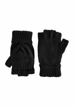 Schwarze gestrickte fingerlose Handschuhe mit gerippten Bündchen, die einen umklappbaren Teil haben, der die Finger bedecken kann, aus einem weich texturierten Garn gefertigt.