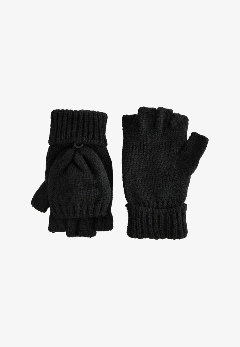 Gants convertibles noirs en tricot avec couvre-moufles rabattables et poignets côtelés, présentés à plat sur un fond blanc.