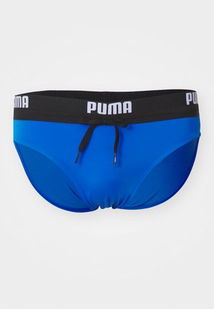 Kék úszóalsó fekete elasztikus derékpánttal, fehér "PUMA" logóval, zsinóros zárással és sima, rugalmas anyagból.