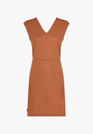 Vestido de manga corta y escote en V en color óxido, hecho de una tela suave. Diseño ajustado con una cintura plana y textura lisa, sin patrones visibles.