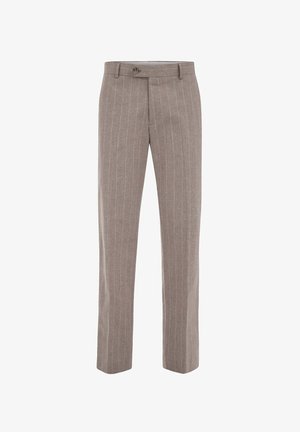 Pantalones rectos de color marrón claro con finas rayas blancas, cierre de botón y cremallera, y trabillas para cinturón.