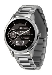 Zilveren roestvrijstalen smartwatch met een zwarte ronde wijzerplaat, digitale weergave en een gekoppelde band. Weergave van batterij- en hartslagmetingen.