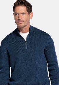 Blauwe gebreide pullover trui met ribbeltextuur, ritskraag en lange mouwen. Ontwerp benadrukt een casual, gestructureerde pasvorm.
