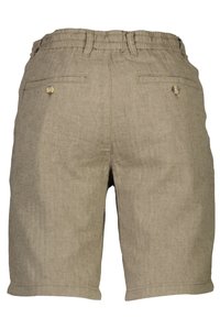 Pantalones cortos en un tono caqui claro, hechos de una tela texturizada. Cuentan con una cinturilla elástica, dos bolsillos traseros con botones y un corte recto.