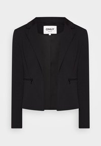 Blazer nero strutturato con maniche lunghe, revers inclinati e due tasche con zip sulla parte anteriore. Tessuto morbido e leggermente texturizzato.