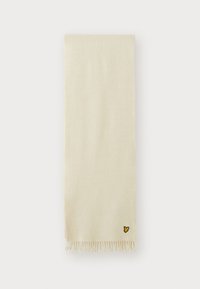 Écharpe beige en tissu doux, avec des bords frangés et un petit logo de papillon jaune dans le coin inférieur.