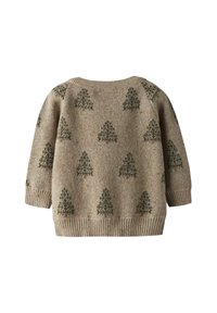 Sweter dzianinowy w beżowym kolorze z zielonym wzorem drzewa, okrągły dekolt i ściągacze. Miękka tekstura, luźny krój i szczegółowe szwy.