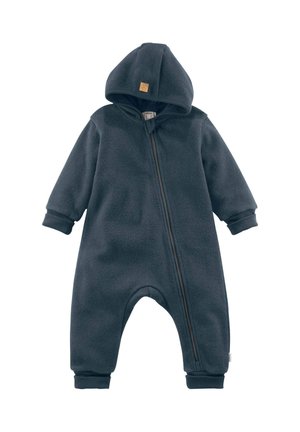 Dunkelgrauer Baby-Fleece-Overall mit Kapuze, langen Ärmeln, gerippten Bündchen und diagonaler Frontreißverschluss.