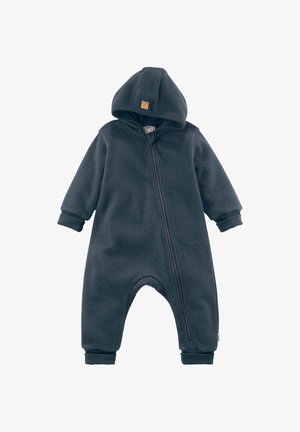 Donkergrijze baby fleece jumpsuit met capuchon, lange mouwen, ribgebreide boorden en een diagonale rits aan de voorkant.