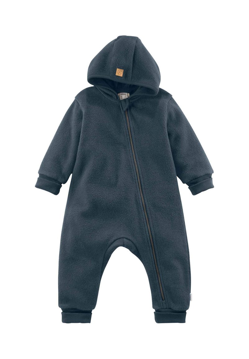 Donkergrijze baby fleece jumpsuit met capuchon, lange mouwen, ribgebreide boorden en een diagonale rits aan de voorkant.