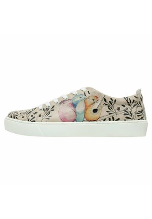 Canvas sneakers featuring a beige base with colorful bird illustrations and black leaf patterns, white laces, and a rubber sole.