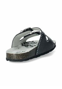 Infradito neri con due cinturini regolabili e borchie decorative, suola texturizzata simile al sughero e rivestimento interno a fantasia.