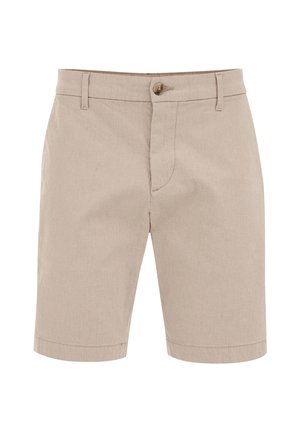 Béžové šortky vyrobené z textúrovanej tkaniny s predným zapínaním na gombík, dvoma bočnými vreckami a rovný strih so čistým lemom.