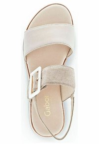 Beige suede sandal with two wide straps, a round toe, and a square buckle accent. Soft insole and smooth outsole. Gabor branding visible.