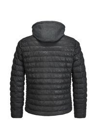Schwarze gesteppte Jacke mit Kapuze, aus einem glatten, lederähnlichen Material. Mit horizontalen Nähten und einem weichen grauen Innenfutter.