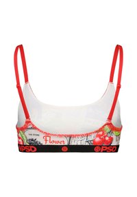 Flerfarget bralette med gjennomsiktig stoff, røde stropper og et svart elastisk bånd med logo. Blomster- og fruktgrafiske trykk.