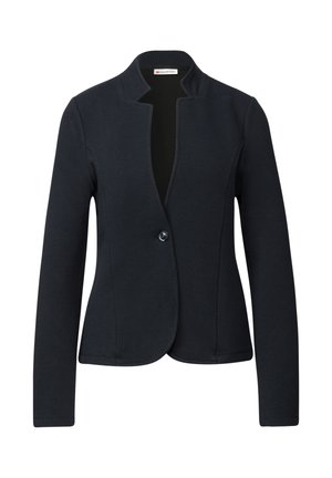 Blazer nero con texture, maniche lunghe, frontale aperto e chiusura a un bottone. Presenta un colletto affilato e una silhouette su misura.