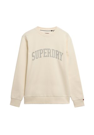 Crème-kleurige sweatshirt met grijze "SUPERDRY" tekst. Lange mouwen, ronde halslijn, ribgebreide manchetten en onderrand. Gemaakt van zacht materiaal.