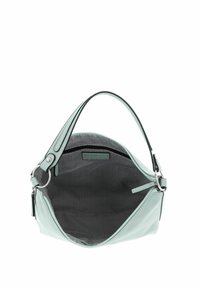 Sac à main vert clair avec un design structuré, une seule sangle pour l'épaule et un intérieur à motif chevrons, comprenant une fermeture éclair et une poche intérieure.